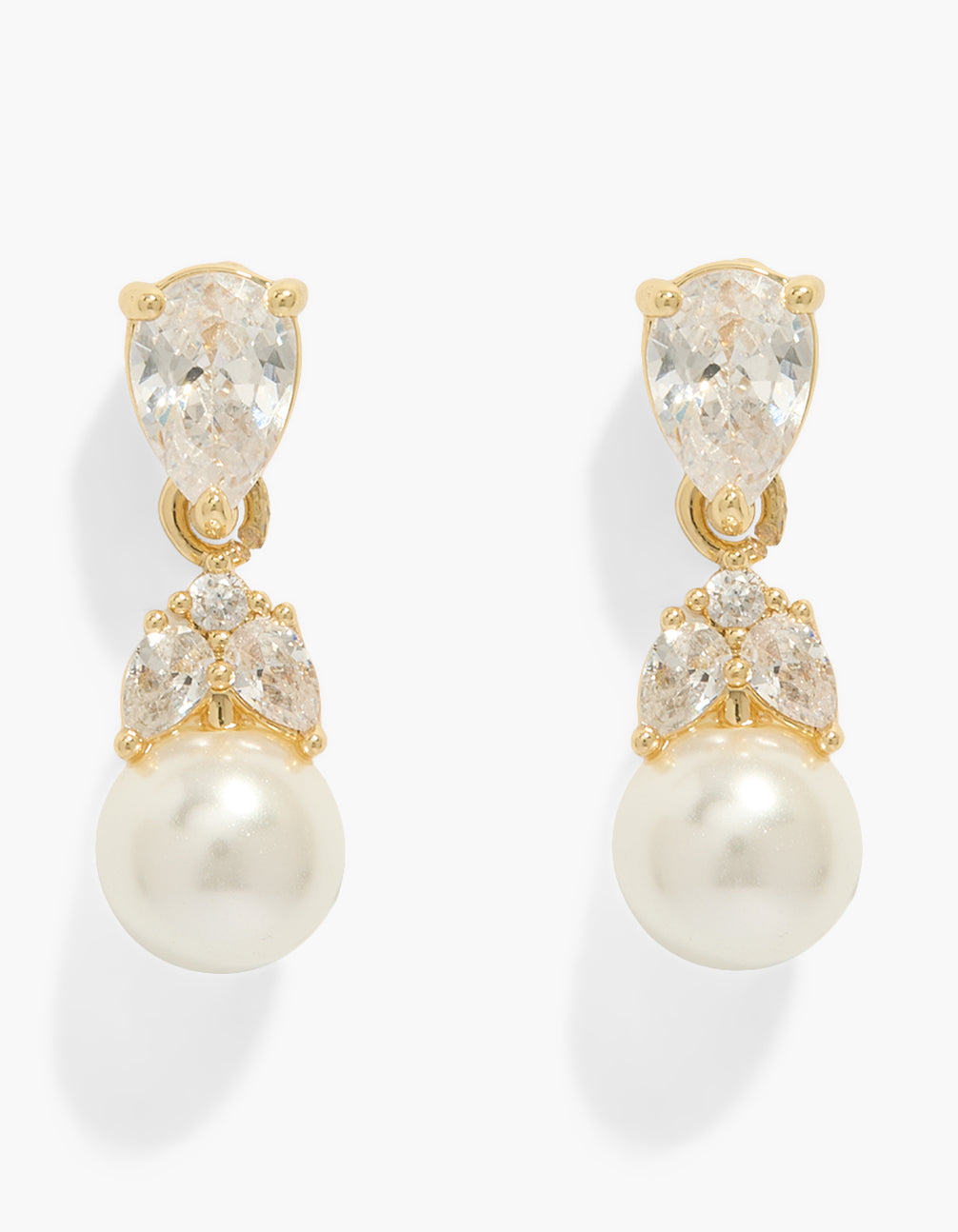 Elegant large statement drop earrings featuring gold plated cubic zirconia and pearl accents front view