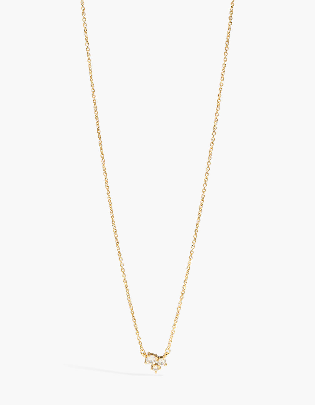 Showcasing a gold plated cubic zirconia round trio pendant necklace front view