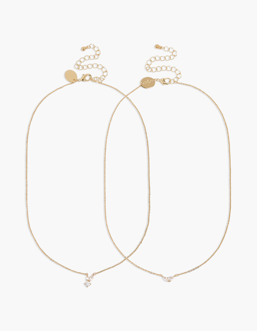Crafted from gold plated material with and cubic zirconia, dainty necklaces in 2-pack front view