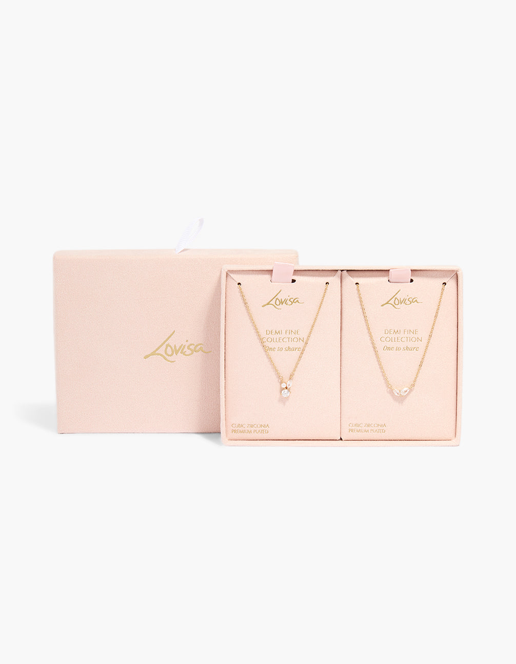 Featuring necklaces with cubic zirconia in gold plated material, dainty 2-pack close up view