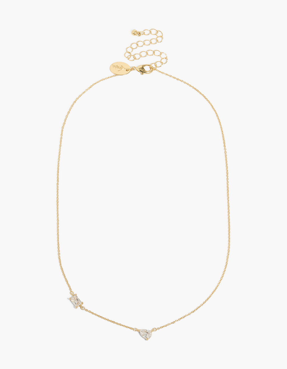 Elegant station necklace crafted from gold plated metal featuring teardrop and square cubic zirconia stones with adjustable front view