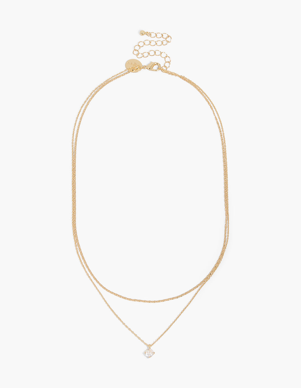 Featuring a gold plated necklace with round cubic zirconia pendant in a 2-pack set front view
