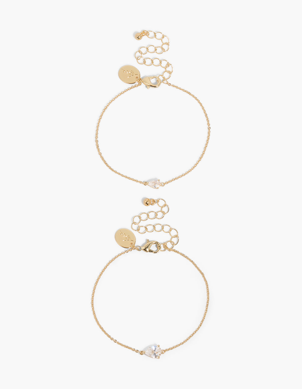 Beautifully crafted gold plated pear cubic zirconia pendant bracelets in a 2-pack front view