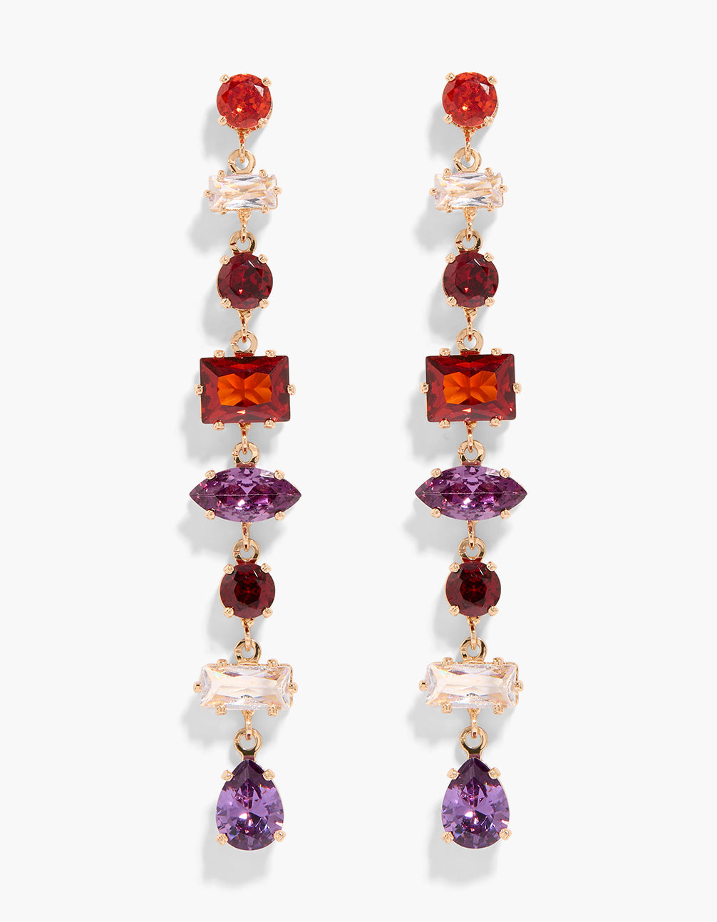 Discover statement drop earrings featuring red, purple, clear and maroon cubic zirconia crystals in mismatched shaped settings with gold finish front view