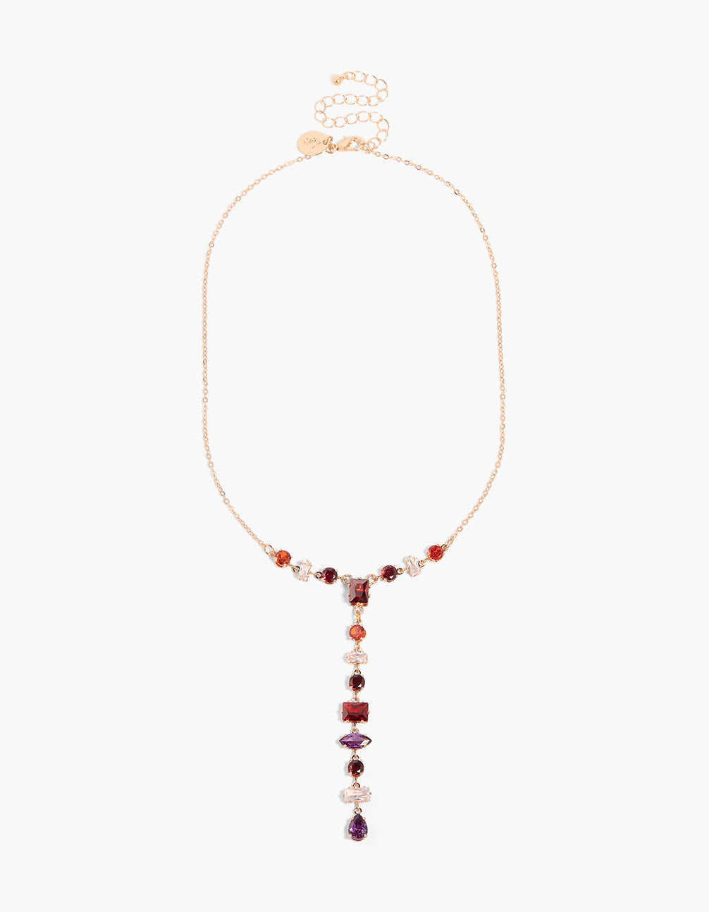 Elegant cubic zirconia statement necklace crafted from crystal in gold with red, purple, and white mismatched shaped stones front view