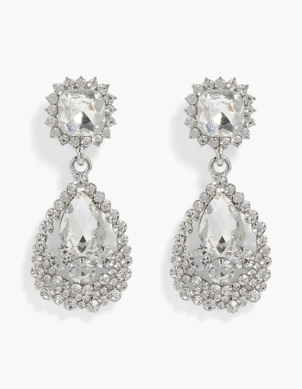 Stunning statement drop earrings featuring spikey outer diamante detailing in silver front view