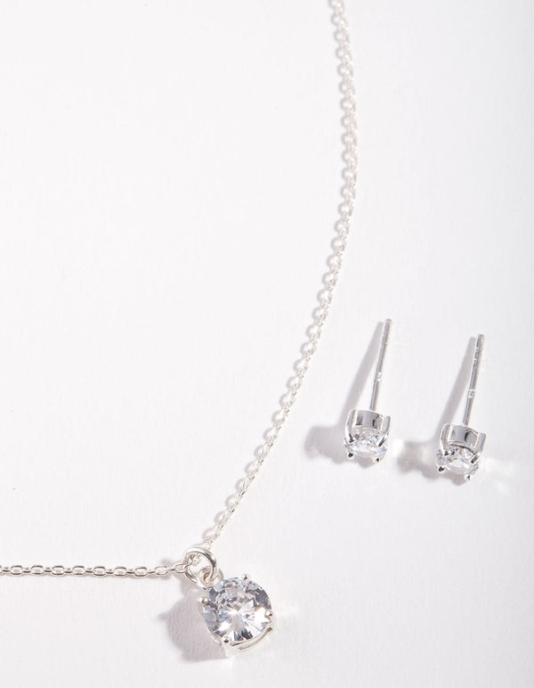 Sterling Silver Crystal Stone Necklace & Earrings Set Gift Box