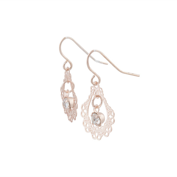 Ornate Rose Gold Drop Earrings With Centre Diamante