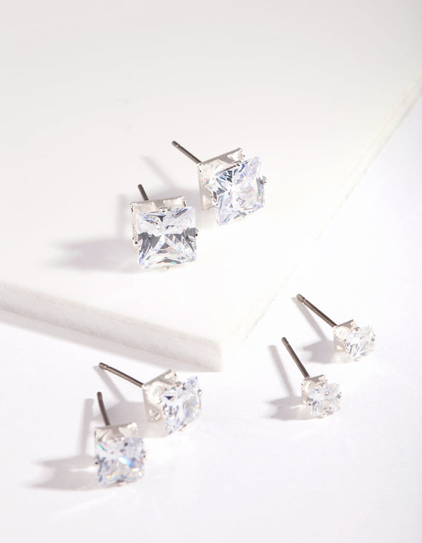 Silver Square Cut Diamante Stud Earring Pack