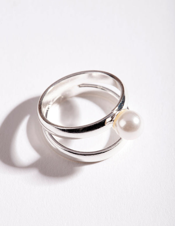 Rhodium Double Pearl Ring