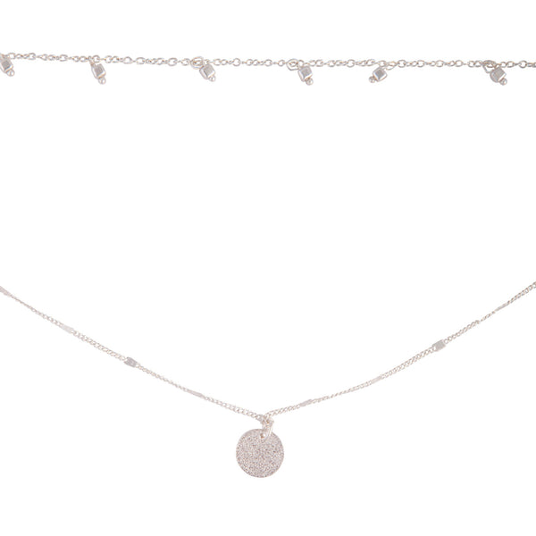 Silver 2 Row Cube Charm Disc Necklace
