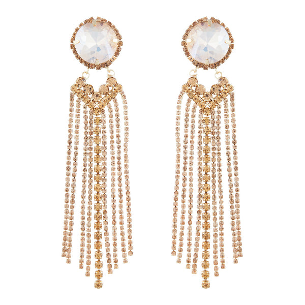 Large Glass Stone With Gold Diamante Tassels Earrings