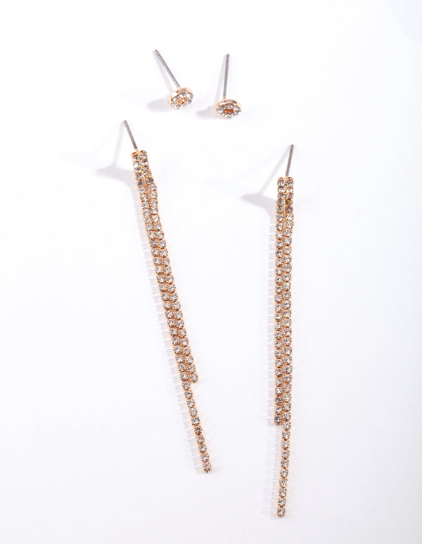 Gold Stud Drop Chain Earrings