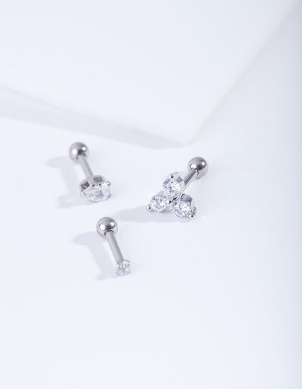 Rhodium Surgical Steel Tripple Diamante Barbell Earrings