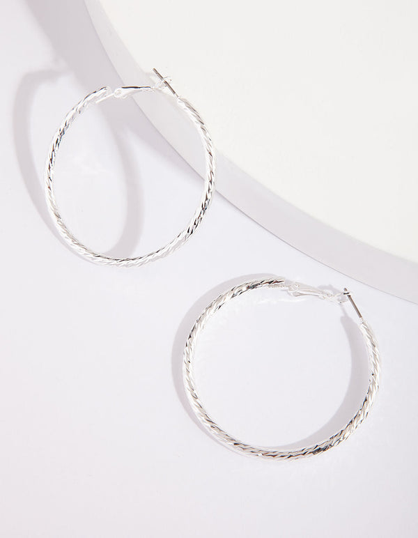 Silver Round Textured Edge Hoop Earrings