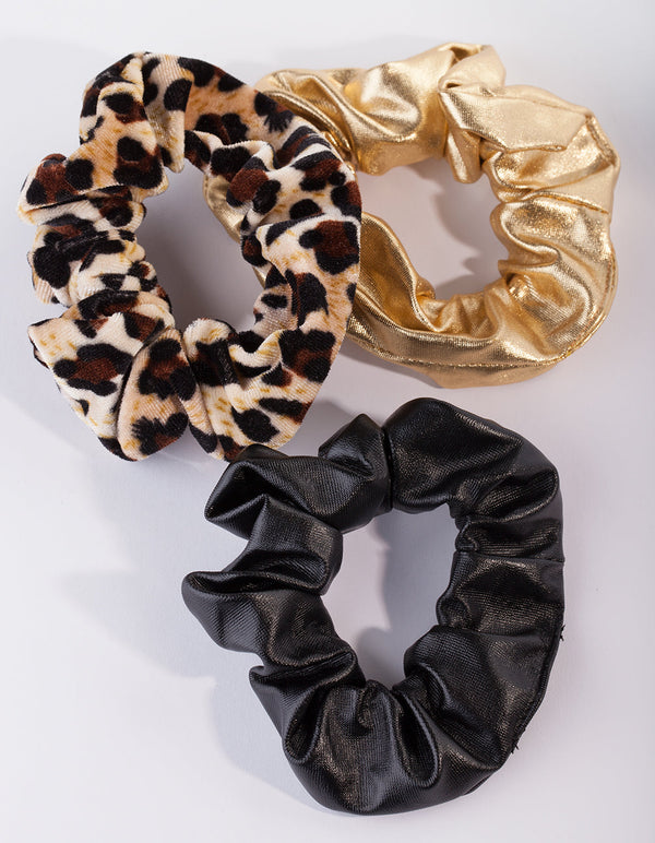 Metallic Gold Leopard Leatherette Scrunchie Pack
