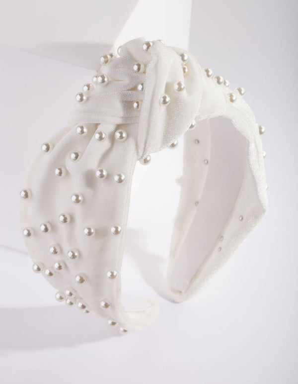 White Fabric Knot Pearl Headband