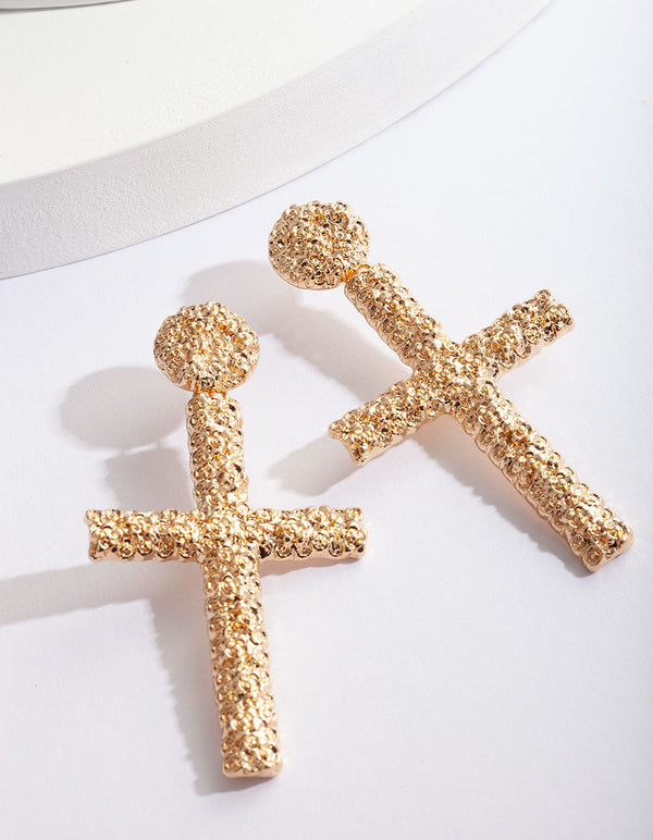 Gold Textured Cross Earrings