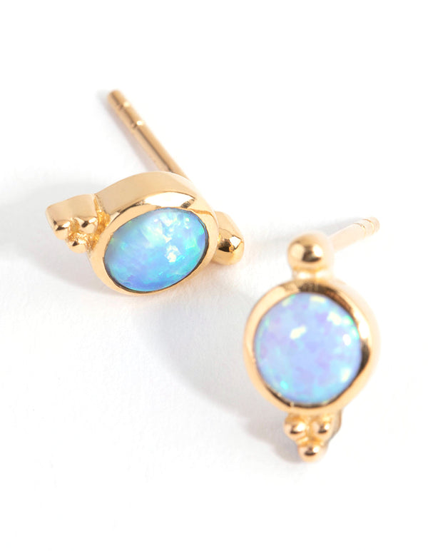 Gold Plated Sterling Silver Blue Synthetic Opal Stud Earrings