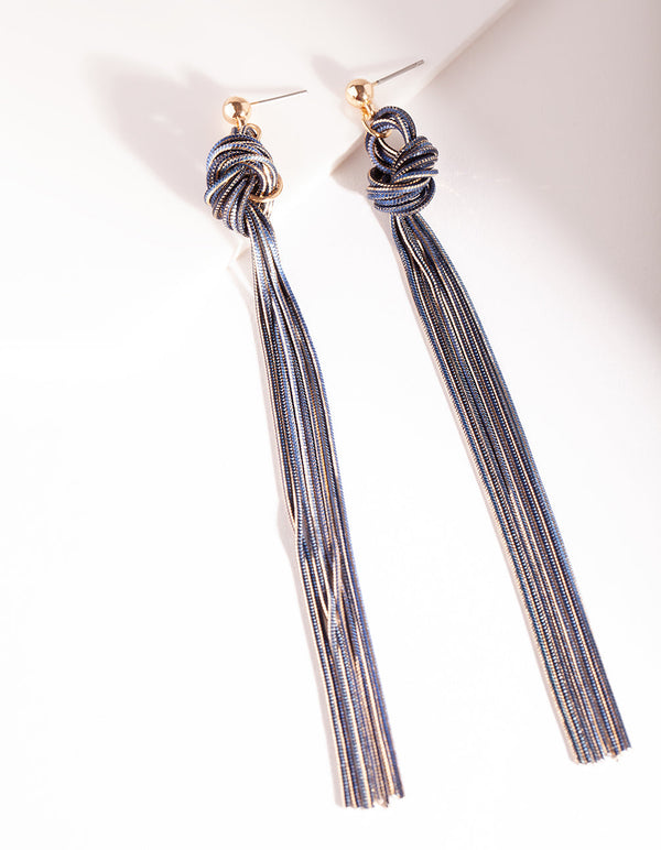 Gold & Dark Blue Metal Tassel Earrings