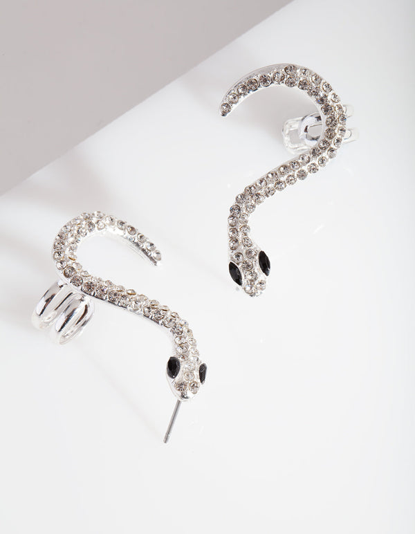 Silver Diamante Snake Cuff Earrings