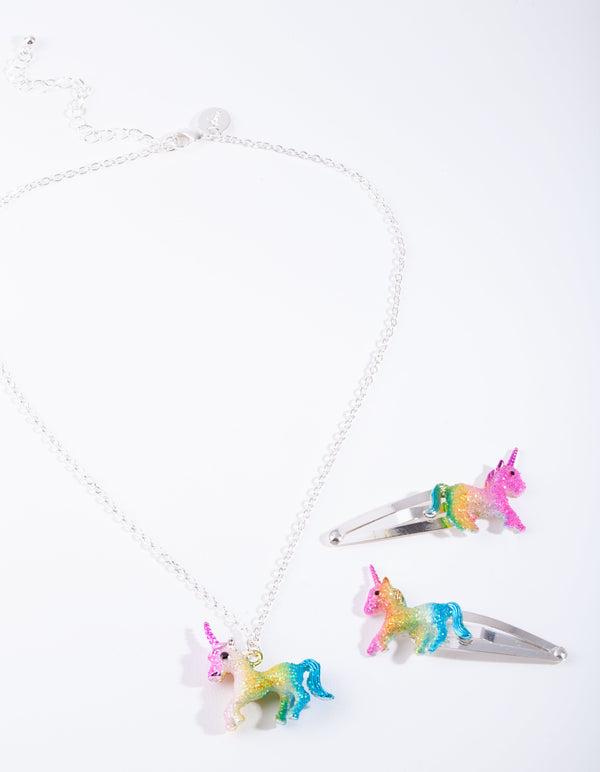 Kids Silver Unicorn Clip Necklace Set