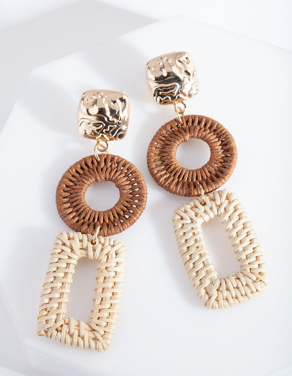 Gold & Brown Raffia Geometric Drop Earrings