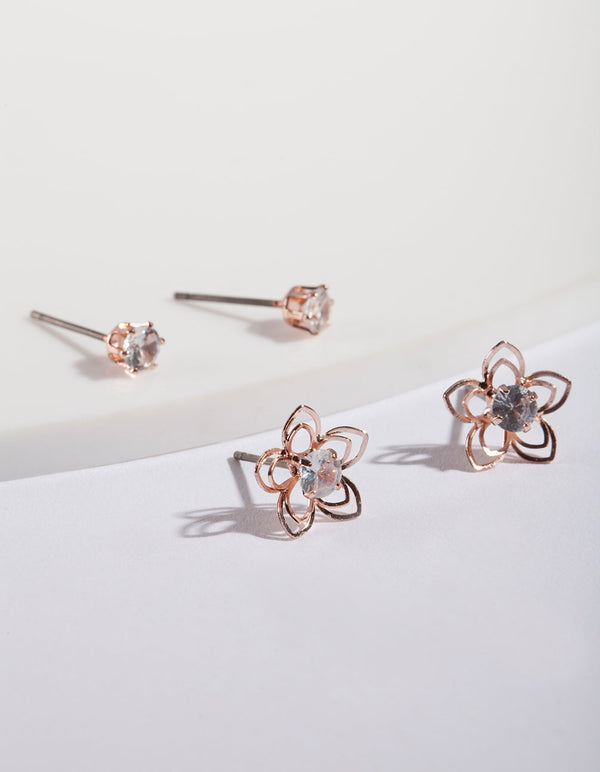 Rose Gold Cubic Zirconia Flower Earring Pack