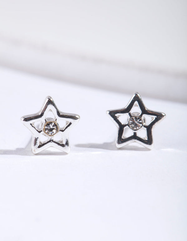Silver Diamante Star Stud Earrings