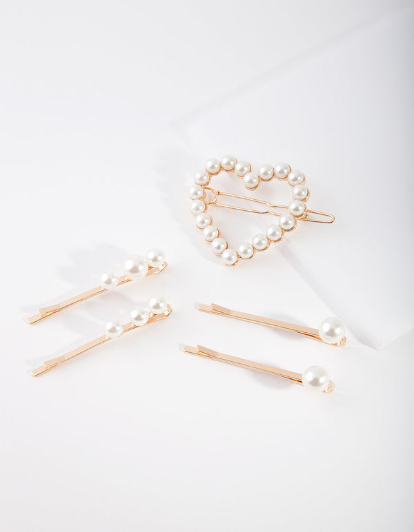 Kids Gold Heart Pearl Mix Hair Clip Pack