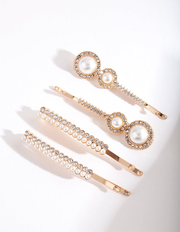 Gold Diamante Pearl Hair Clip 4-Pack