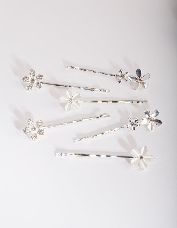 Silver Floral Stone Hair Clip Pack