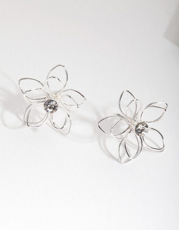 Silver Dainty Diamante Flower Earrings