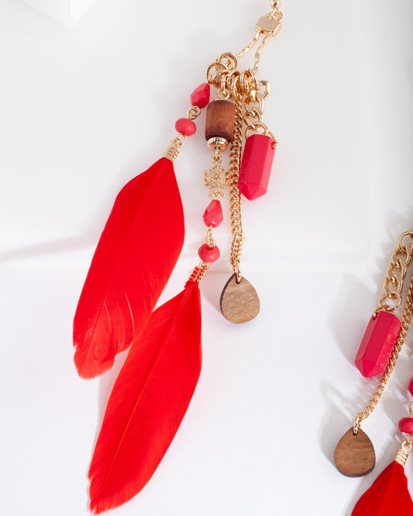 Red Mixed Feather Bead Earrings