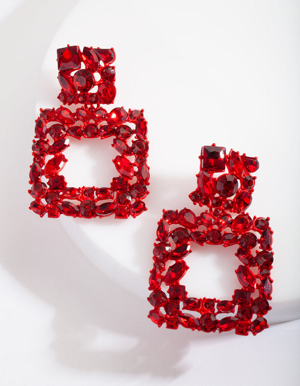 Red Gem Diamante Square Earrings