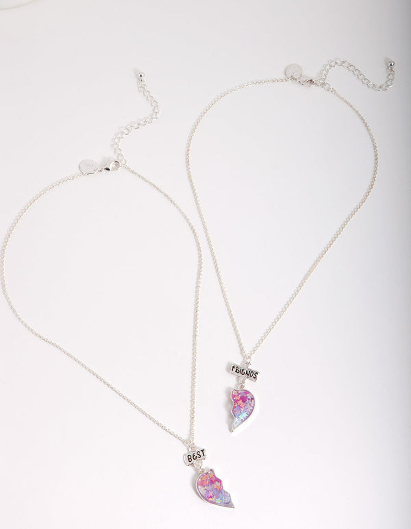 Kids Silver Glitter Heart BF Necklace Set