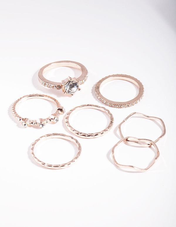 Rose Gold Crystal Mixed Ring 7-Pack