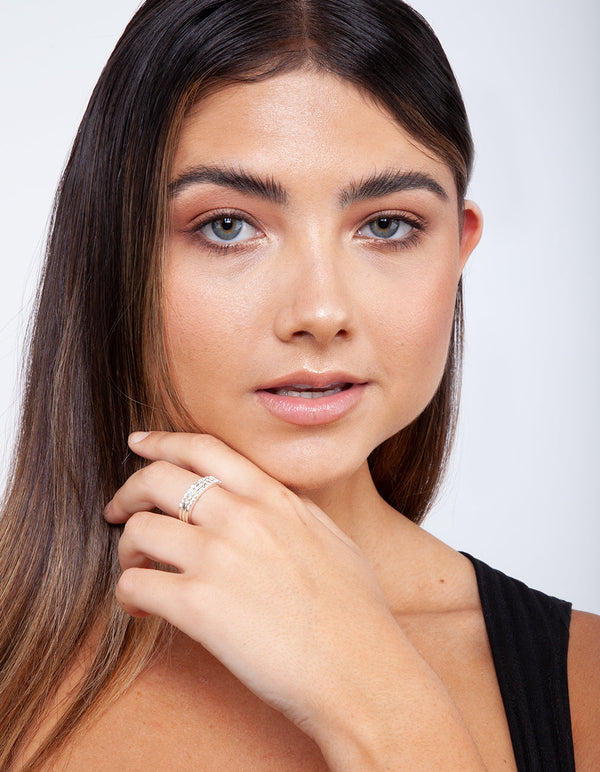 Silver Diamond Simulant Thin Ring Set