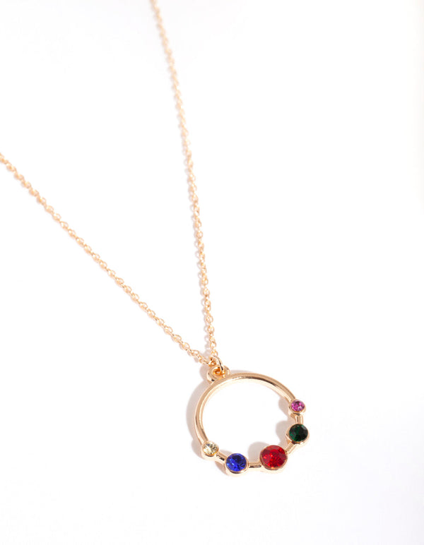 Gold 5 Coloured Diamante Open Circle Necklace