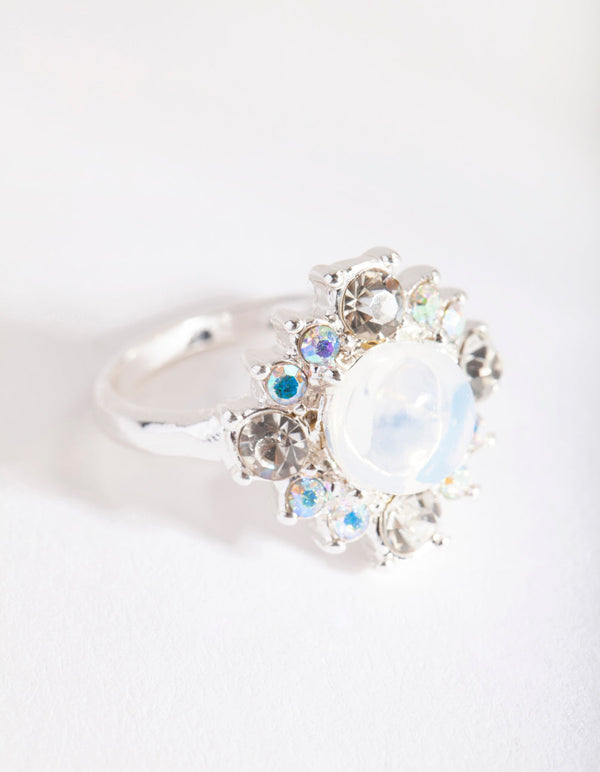 Rhodium Synthetic Opal Diamante Ring