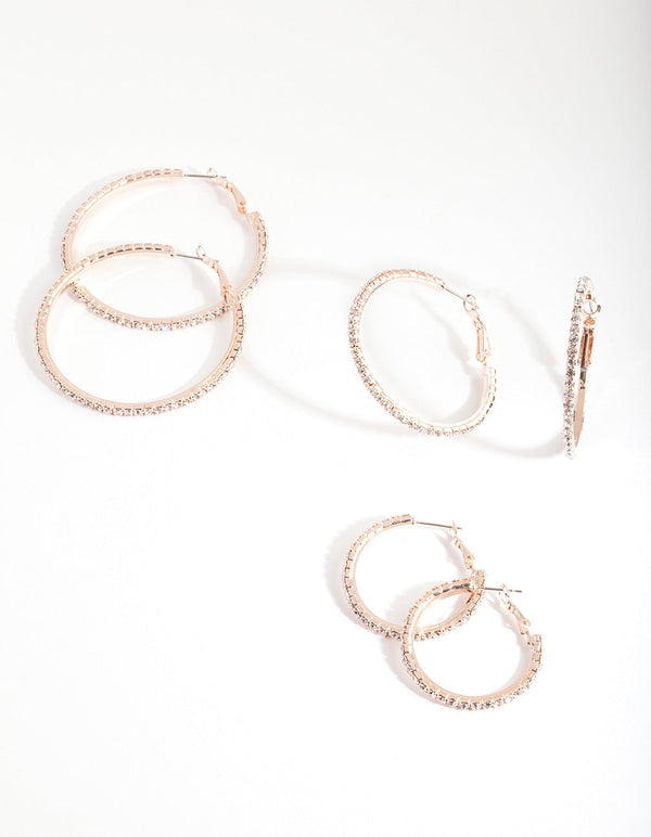 Mixed Size Rose Gold Diamante Hoop Pack