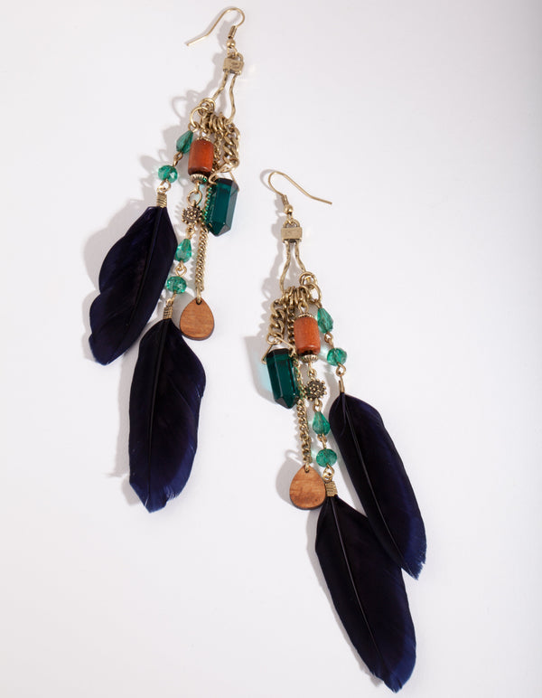 Antique Gold Chain Feather Bead Drop Earrings
