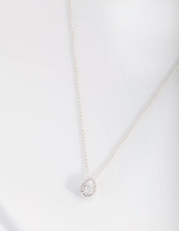 Sterling Silver Cubic Zirconia Pear Halo Necklace