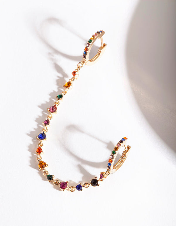 Gold Rainbow Diamante Double Huggie Earrings