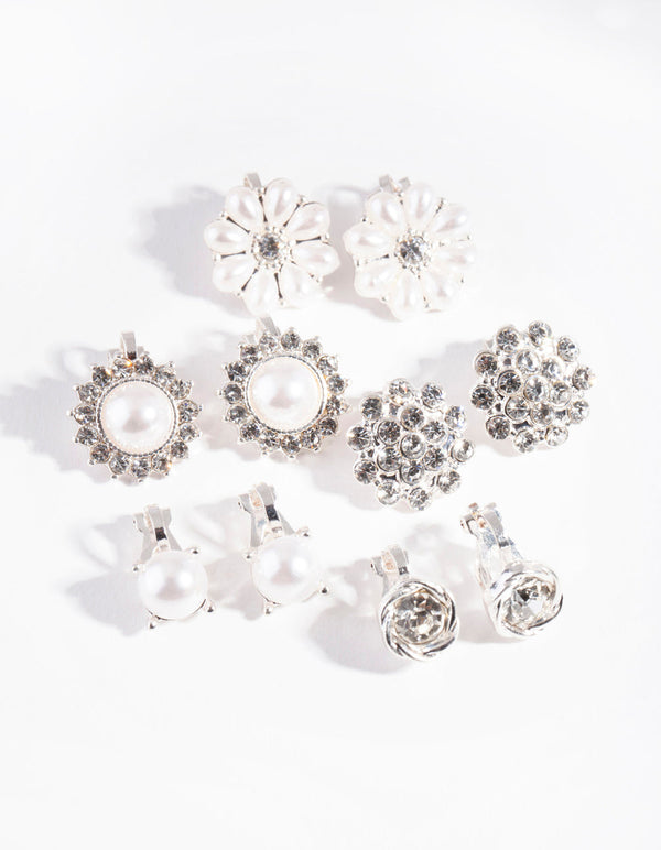 Silver Pearl Flower Clip-On Earring 5-Pack
