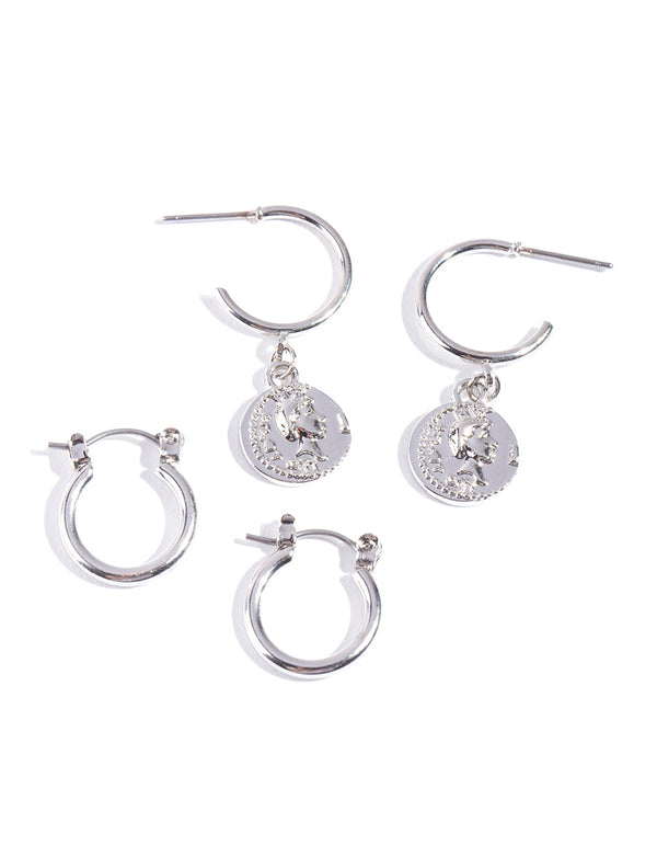 Rhodium Coin Charm Hoop Earring Pack