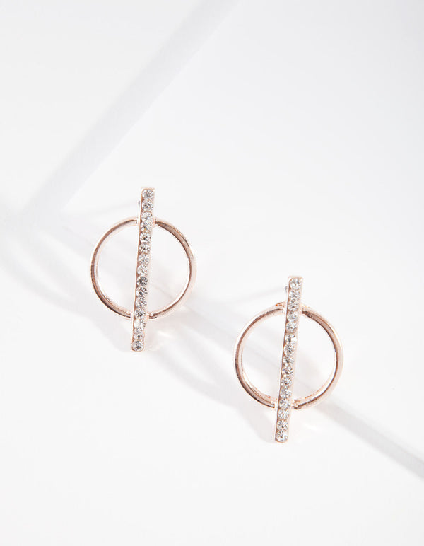 Rose Gold Diamante Stick & Circle Stud Earrings