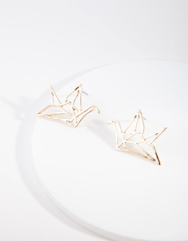Gold Origami Bird Stud Earrings