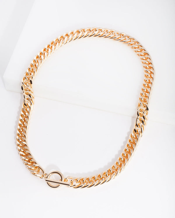 Gold Plated Flat Curb Necklace with Front Clasp