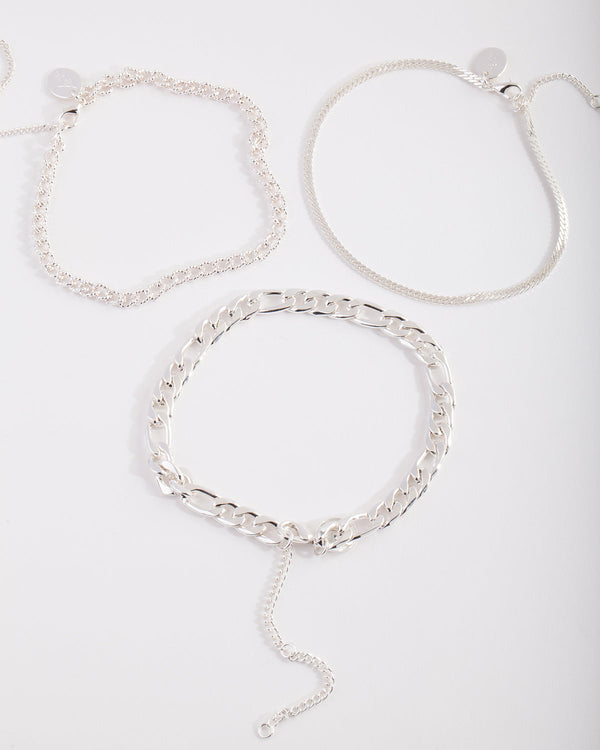 Silver Plated Statement Mixed Chain Anklet Trio